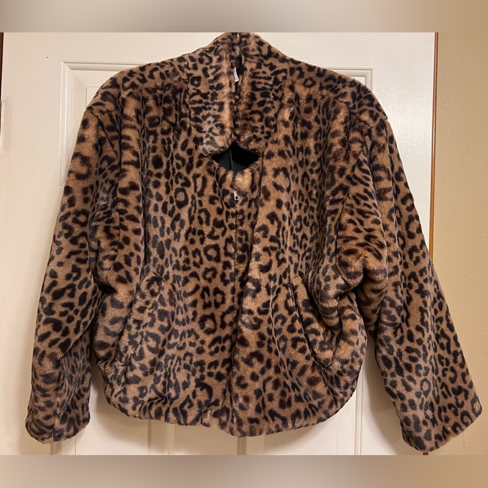 Free People Leopard Print Faux Fur Bomber Jacket